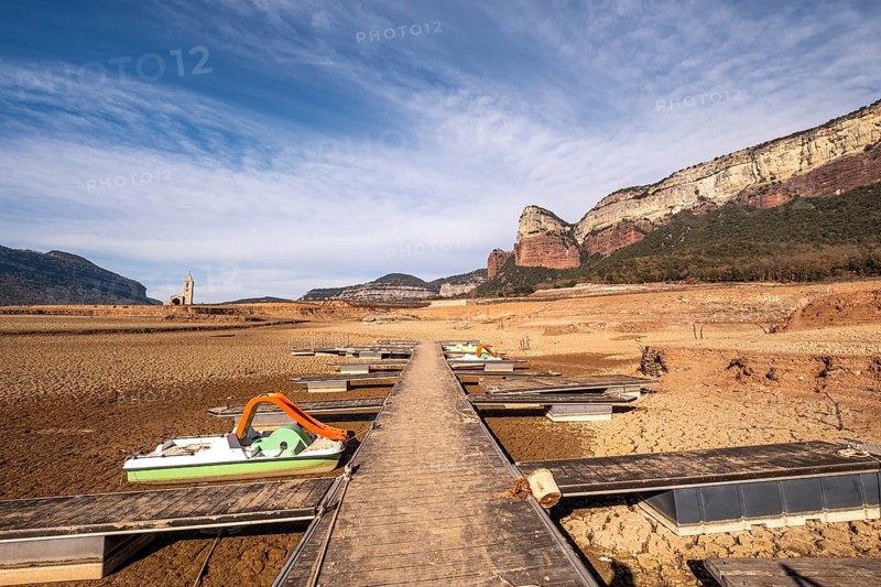Dock on dry land at the Panta de Sau reservoir with water four percent of its capacity in the worst drought in the history of Catalonia in Spain