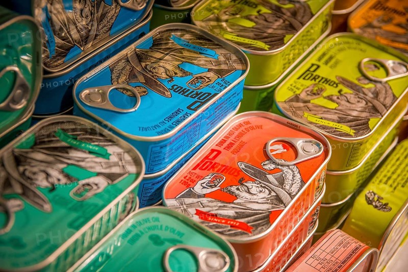 Faro, Portugal, April 19th 2024: Illustrative Editorial: View on Porthos Sardines and tuna fish in tin cans, Europe