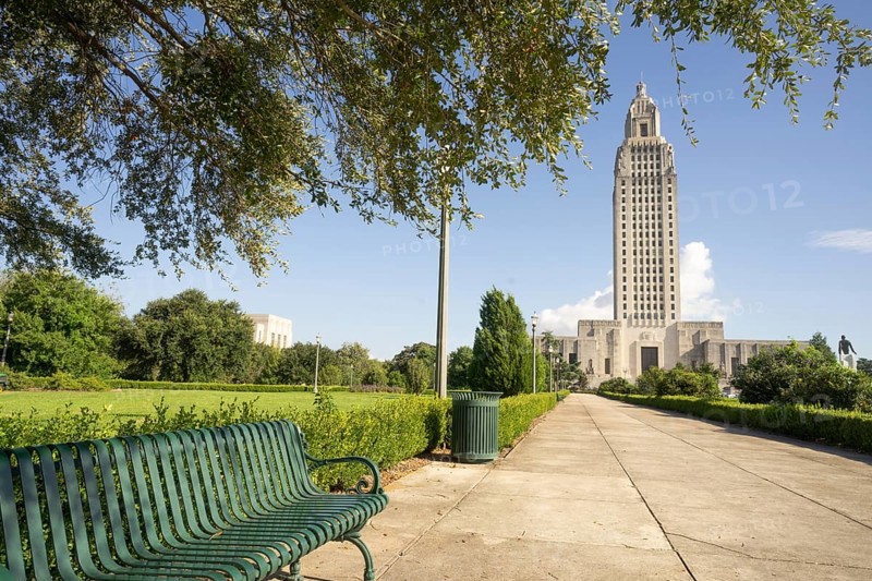 A horizontal composition of the front entrance area at the State Capital Building Baton Rouge Louisiana