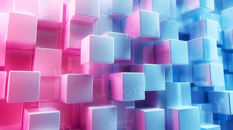 A visually stimulating digital artwork of glowing 3D cubes in pink and blue, ai generated, AI generated