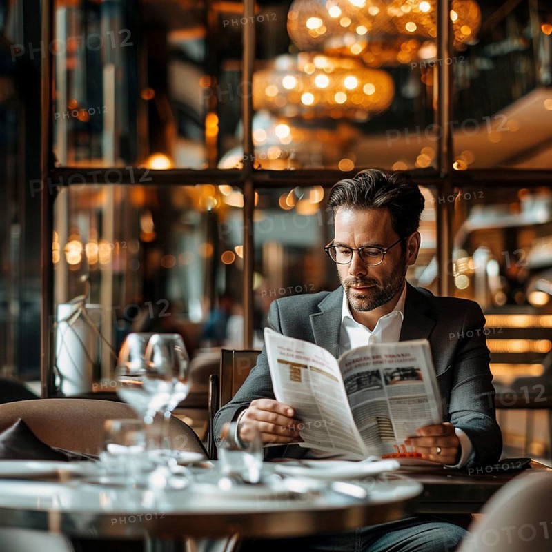 A man in a modern restaurant concentrates on reading a newspaper, Ai, generated, AI generated, AI generated