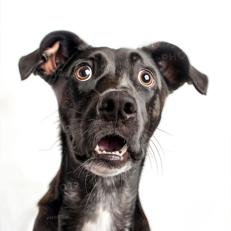 A black and white dog with an expectant look and open mouth, surprised, advertising, special offer, AI generated