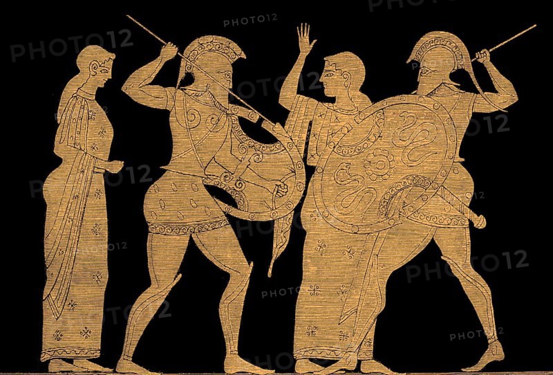 Achilles and Memnon fighting, Trojan War, Attic red-figure krater, Greek mythology