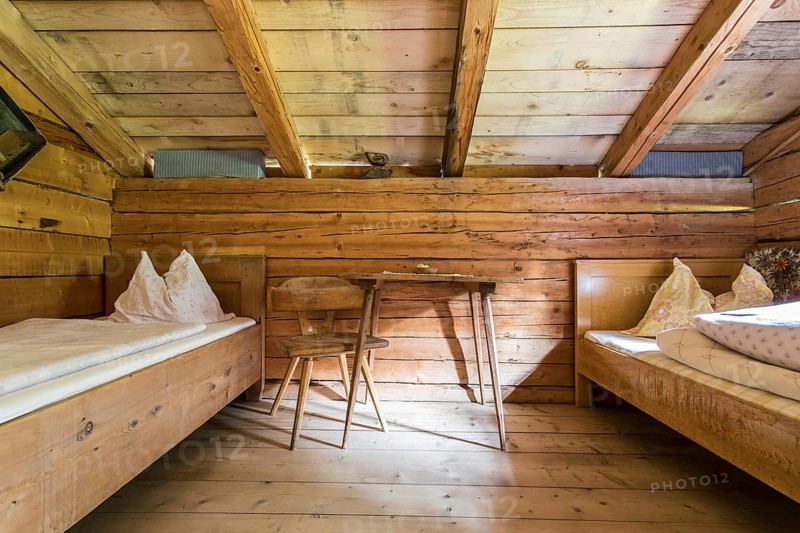 Inside of a rustic wooden alpine hut or cabin, Austria, Europe