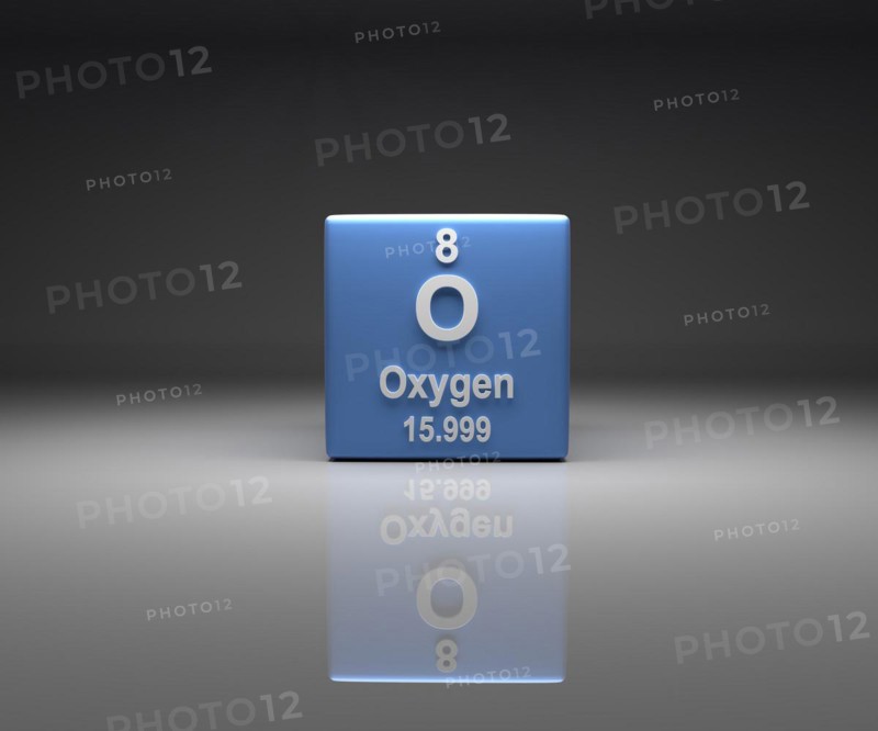 Cube with oxygen number 8 periodic table, 3d rendering