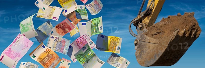 Building-costs - Falling Euro banknotes with excavator shovel and blue sky in background