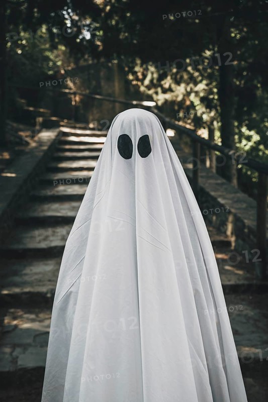 Person ghost costume standing forest