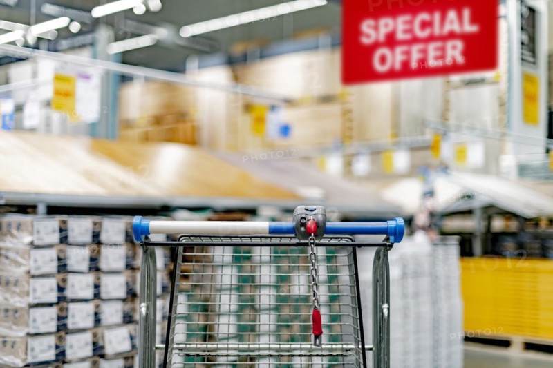 A shopping cart in a home improvement store