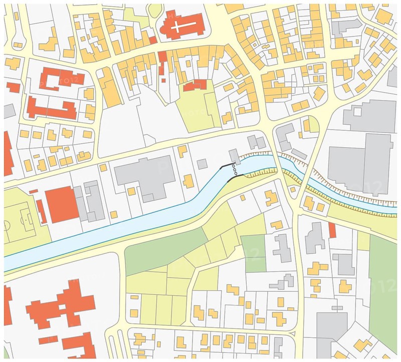 Imaginary cadastral map of an area with buildings and streets