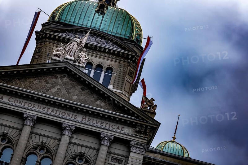 Beautiful Bundeshaus Parliament Building or Federal Palace with Storm Clouds in City of Bern, Canton Bern, Switzerland, Europe