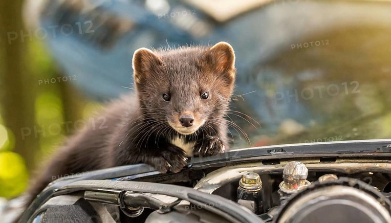 AI generated, animal, animals, mammal, mammals, biotope, habitat, a, single animal, foraging, wildlife, young marten lying on the bonnet of a car, cable eater, loves car electrics, beech marten (Martes foina), AI generated