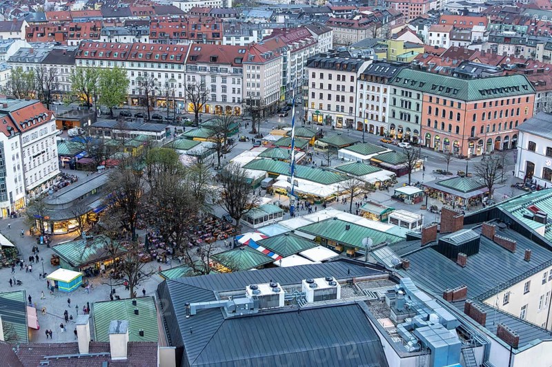 Viktualienmarkt and Old Town Photographed from the Alter Peter Tower of St Peter's Church, City Centre, Munich, Upper Bavaria, Bavaria, Germany, Europe