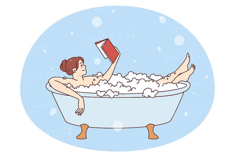 Happy young woman relaxing in bathtub with foam reading book. Calm girl rest in bath with bubbles enjoy literature reading. Weekend and relaxation. Vector illustration