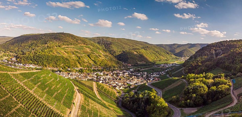 Aerial view of the Ahr valley on a sunny summer day on the red wine hiking trail