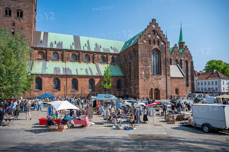 Flea market, art market in the front of the Aarhus Cathedral with lots of different stalls, Denmark, Europe