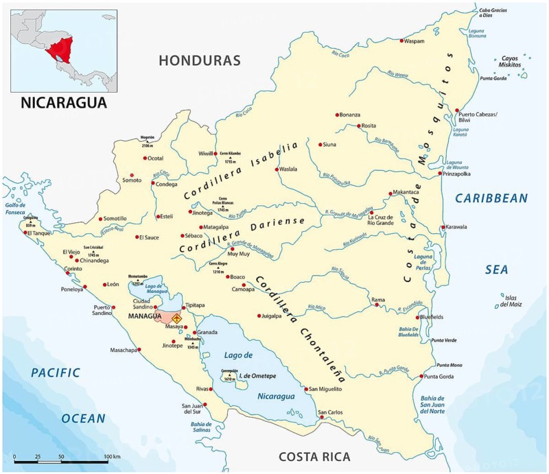 Vector map of the Central American state of Nicaragua