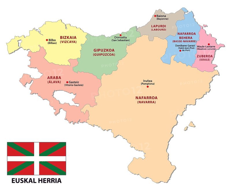 Administrative of the french and spanish part of the basque country with flag