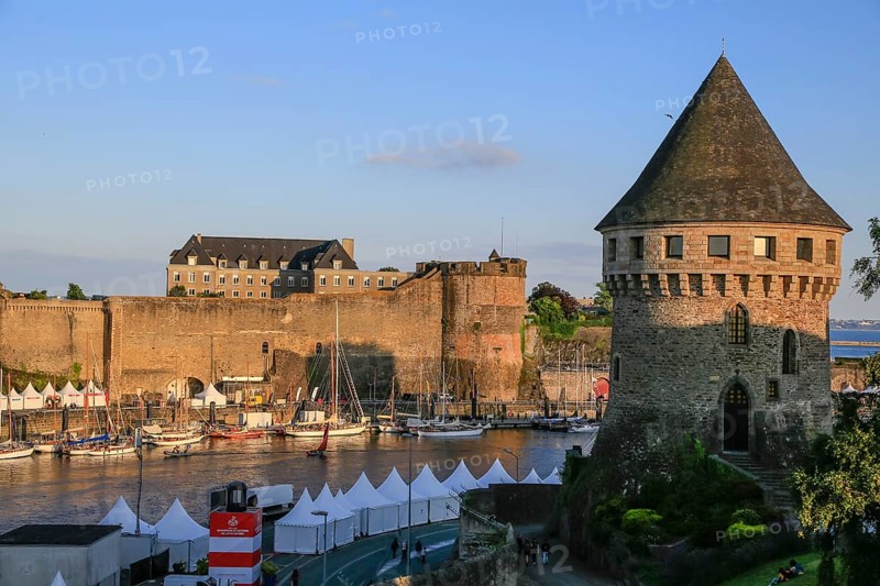 Chateau de Brest fortress, including the National Maritime Museum at the mouth of the River Penfeld into the Bay of Brest, Tour Tanguy tower on the right, during Fetes Maritimes 2024, Brest, Finistere Penn-ar-Bed department, Brittany Breizh region, France, Europe