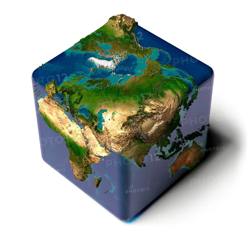 Earth as a cube with a shadow, with a translucent water, detailed relief map of the continents and oceans