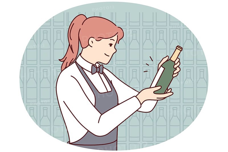 Smiling waitress in apron choosing wine in cellar. Happy female sommelier make choice about drink in restaurant. Vector illustration
