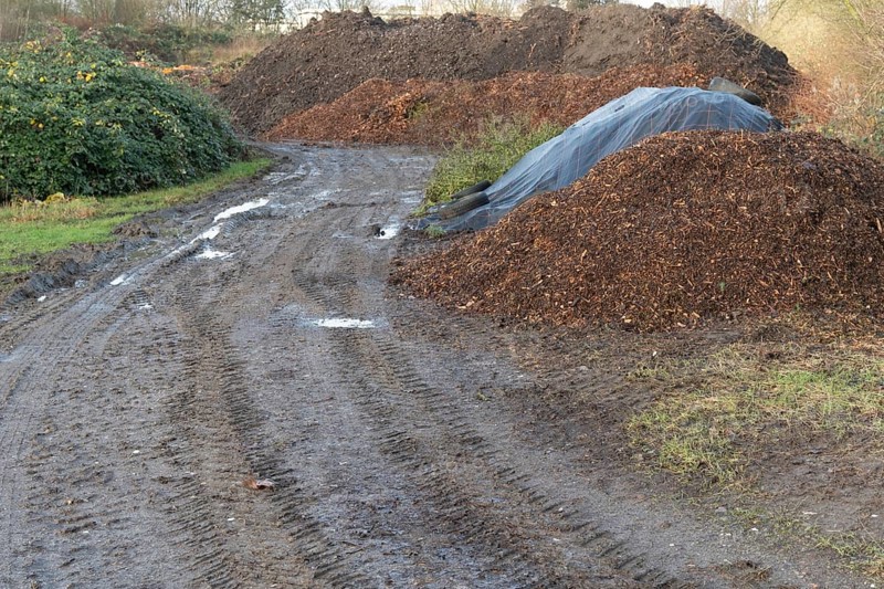 Muddy road leading to piles of wood chips and compost at a composting facility