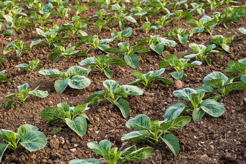 Fresh cabbage from farm field. View of green cabbages plants. Organic farming