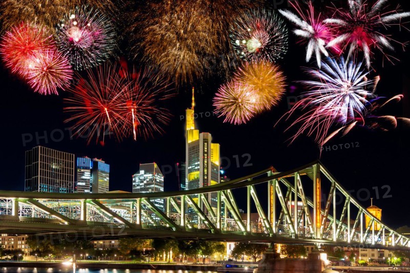 Fireworks at the skyline of Frankfurt at night