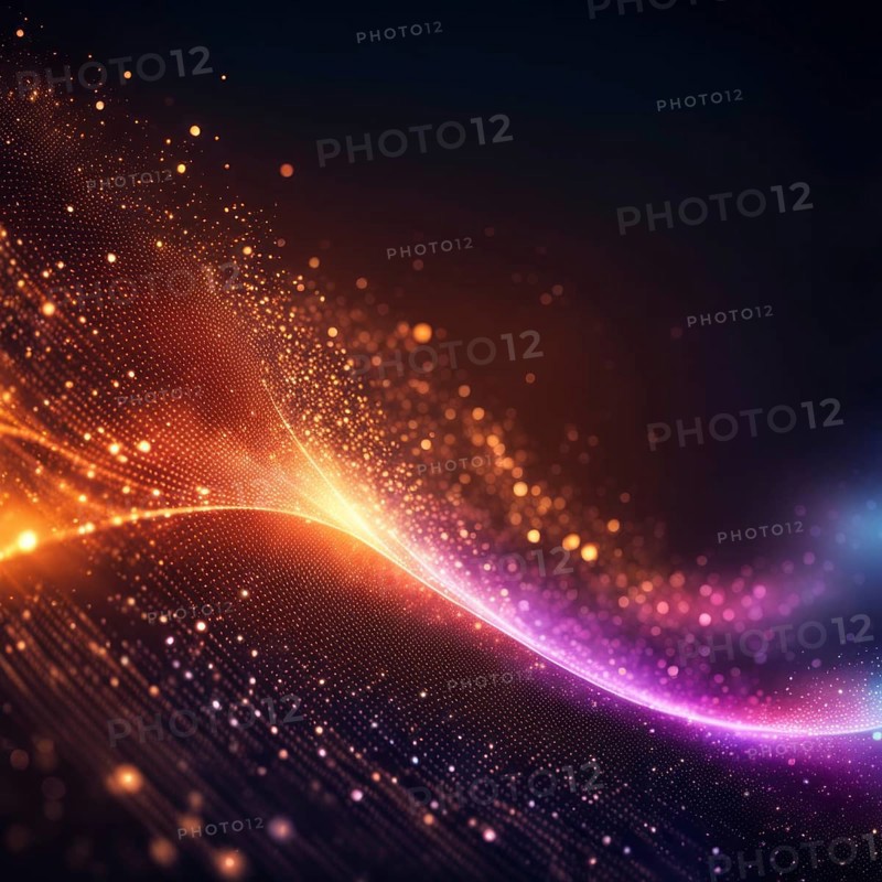 Colorful abstract digital art with glowing orange and purple waves intertwined with sparkling elements, AI generated