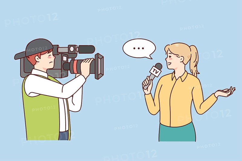 Cameraman shooting woman journalist doing reportage. Professional operator filming female reporter with microphone. Journalism concept. illustration