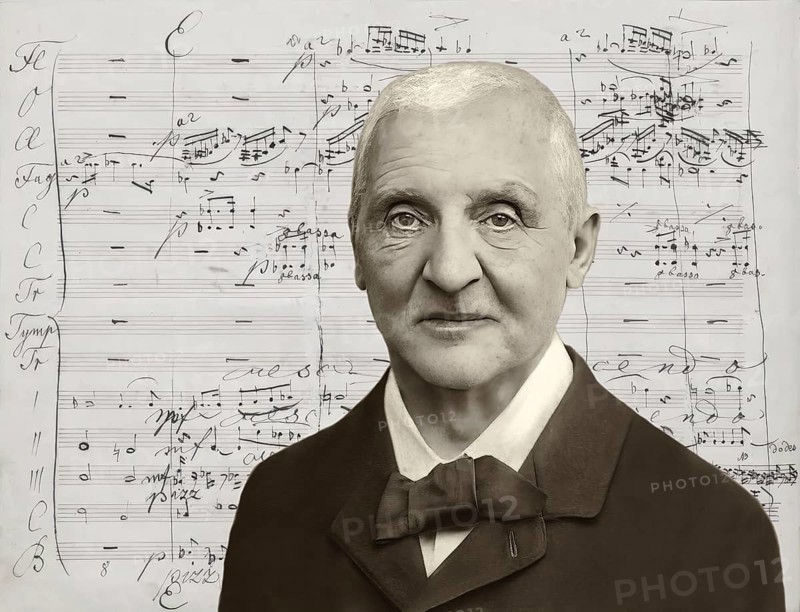 Portrait of Josef Anton Bruckner, 1824 – 1896, Austrian composer and organist, digital edited according to a photograph by Anton Huber, 1890, Symphony No. 4, handwritten bei Bruckner