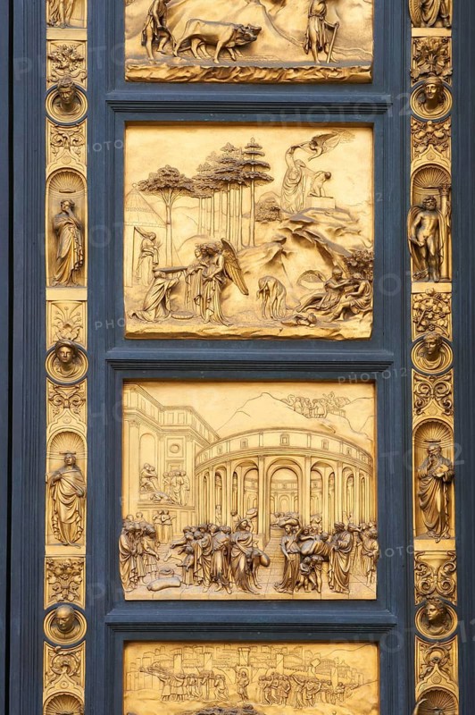 Scenes from the early Renaissance " Gates of Paradise" door of the Baptistry of Florence (Battistero di San Giovanni) made by Ghiberti in 1425, made in bronze and guilded in gold. The Bapistry of the Duomo, Florence Italy, Florence, Tuscany, Italy, Europe