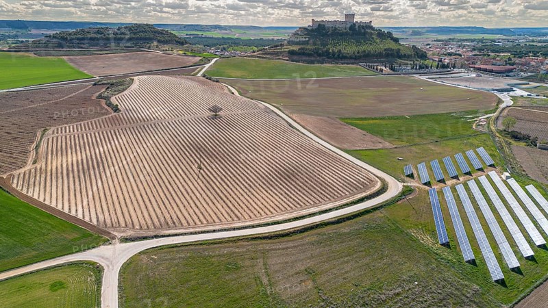 Peñafiel, Valladolid, Spain: aerial view of the Peñafiel castle in the Ribera del Duero appellation of origin wine-growing area