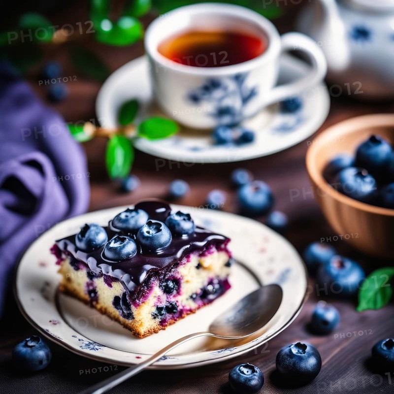 Blueberry cake piece with tea cup, scattered blueberries, and dessert plates on wooden table, Blueberry Cake, AI generated