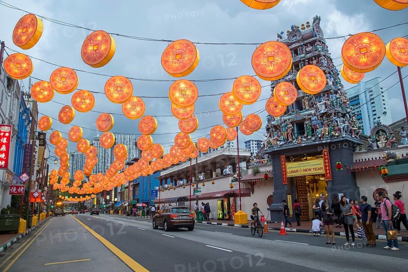 Singapore, Singapore, February 2, 2015: People on a street decorated for upcoming Chinese New Year Celebration, Asia