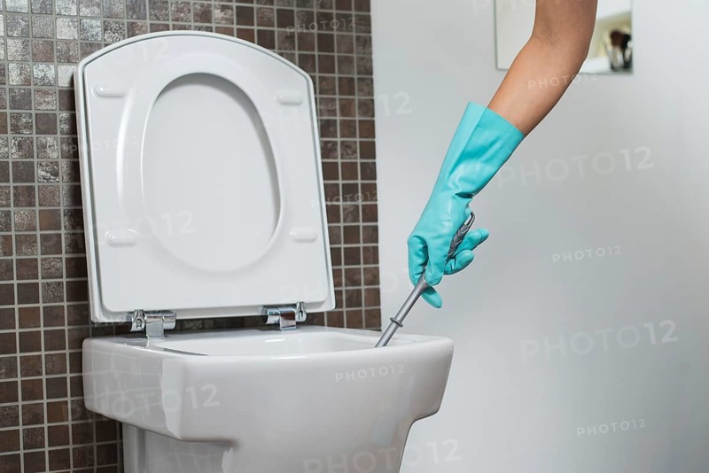 Person wearing a turquoise rubber glove cleaning under the rim of a toilet bowl with a toilet brush to eradicate germs and bacteria during household cleaning