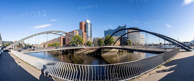 Panoramic view between the Niedehrbaumbrücken in the Hafencity, view over the Niederhafen to the Elbe Philharmonic Hall, summer, Hamburg, Germany, Europe
