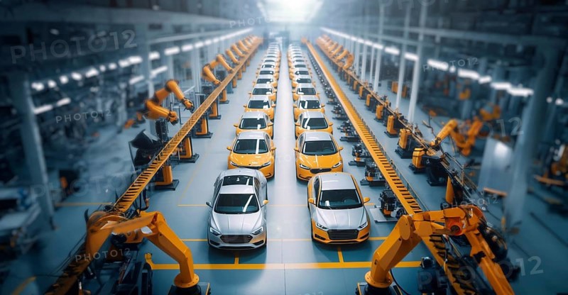 Car production at a factory, a conveyor belt for creating new cars, modern robotic technologies, AI generated
