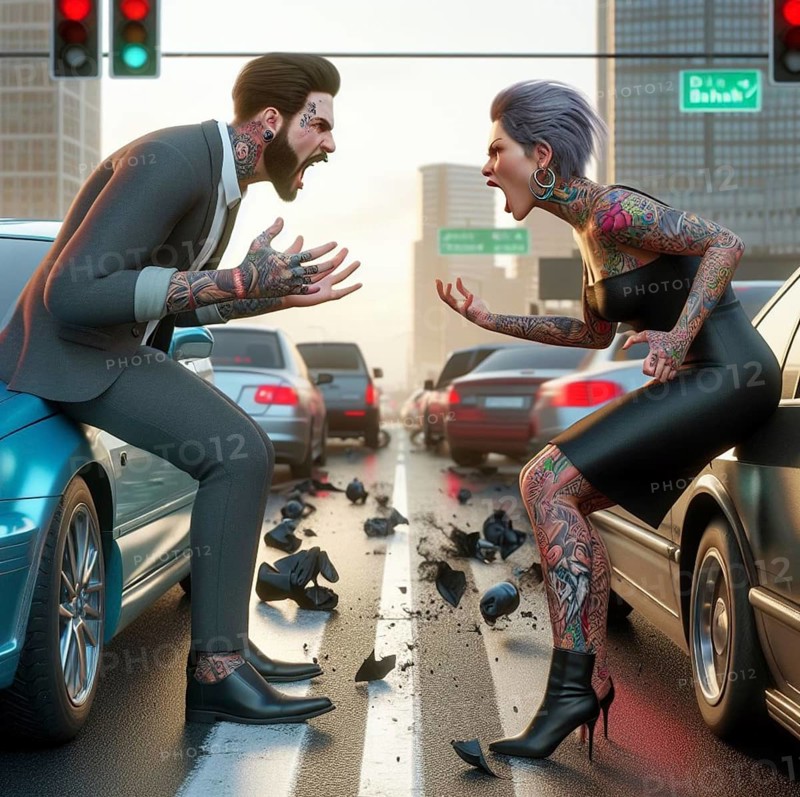 Business tatooed fashionista woman and man quarrel argue in the street after car crash in the city ai generated