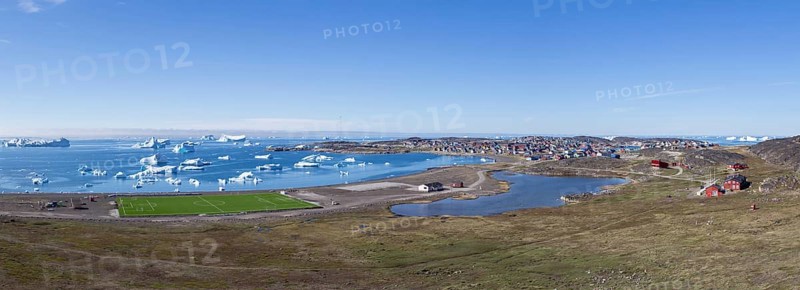 Qeqertarsuaq, Greenland, July 06, 2018: Panoramic view of Qeqertarsuaq on the Disko Island, North America