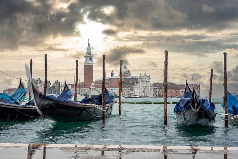 Moored Gondolas during High Tide at the St Marks Square, Venice, Italy, Europe