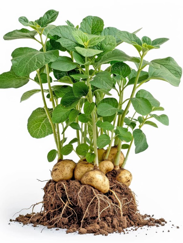 Cluster of potato plants showing roots and green leaves growing in soil, AI generated