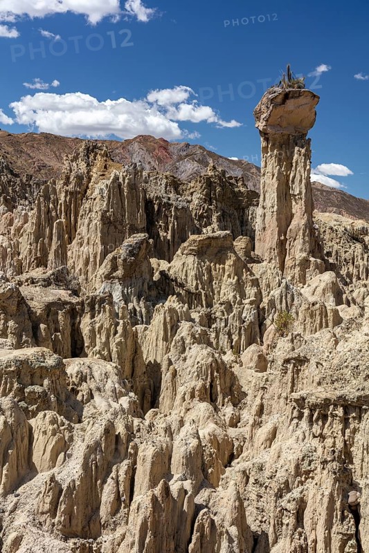 Earth pyramids with rocks on top, called Demoiselles Coiffées, precariously balanced rocks in Valle de la Luna, Moon Valley formed by erosion, also Killa Qhichwa, La Paz, Bolivia, South America