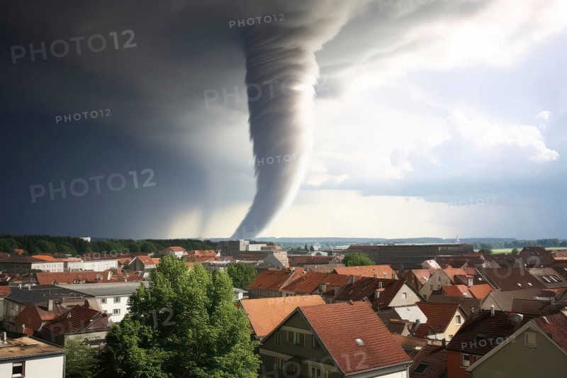 A tornado moves towards a housing estate with great destructive force, tornado, severe weather, climate change, AI generated