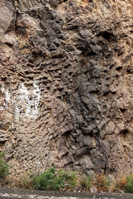 Geological outcrop, basalt flower, Mirador Degollada de la Cruz Grande, San Bartolomé de Tirajana, Gran Canaria, Canary Islands