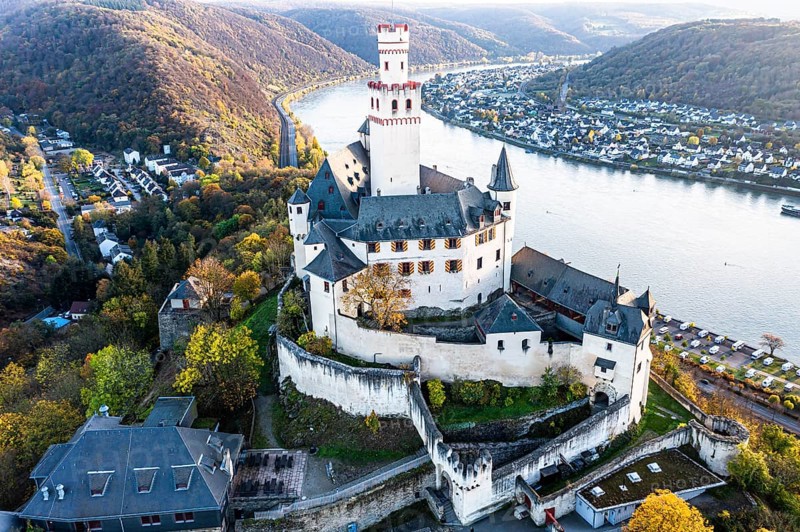 Aerial view of the Rhine Valley with the Marksburg Castle, Braubach, UNESCO World Heritage Site, Upper Middle Rhine Valley, Rhineland-Palatinate, Germany, Europe