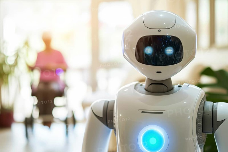 A friendly white care robot helps in a retirement home, senior with rollator, walking aid for elderly care, AI generated, AI generated