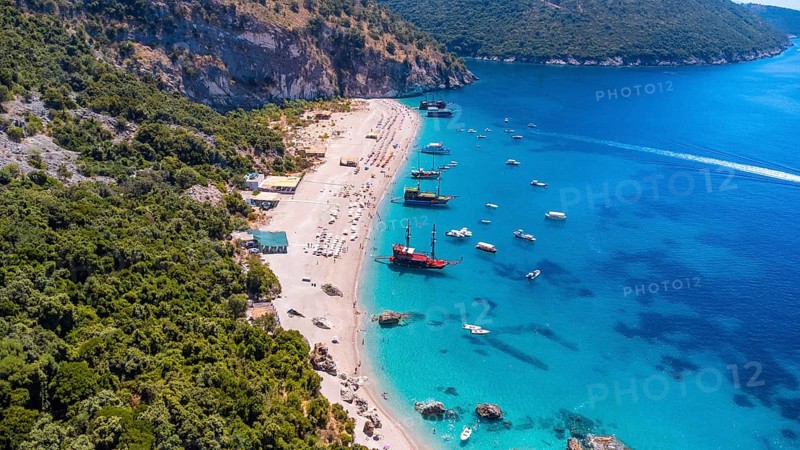 Aerial drone view of the paradise beach of Kroreza or Krorez on the Albanian riviera in Sarande, Albania, Europe