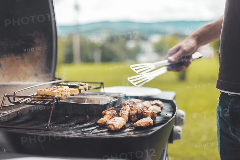 Close up of chicken wings, cheese and vegetables on gas grill. Summer time, outdoors
