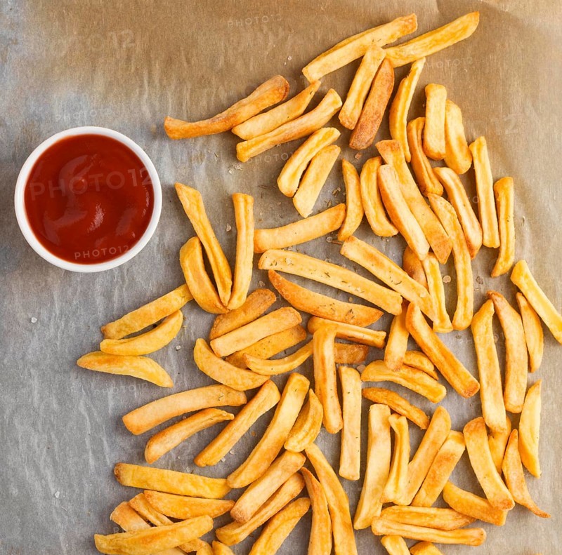 Flat lay french fries with ketchup sauce