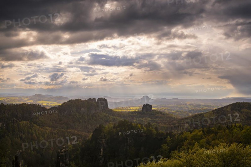 View of the Schrammstein chain, the Falkenstein and the Lilienstein from the Carolafelsen, Bad Schandau, Saxony, Germany, Europe